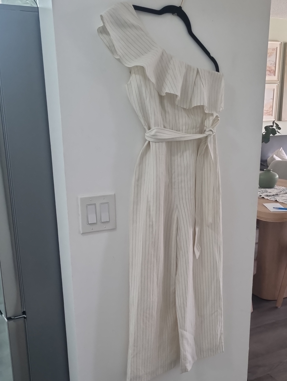 Club Monaco One-Shoulder Cream Striped Ruffle Jumpsuit